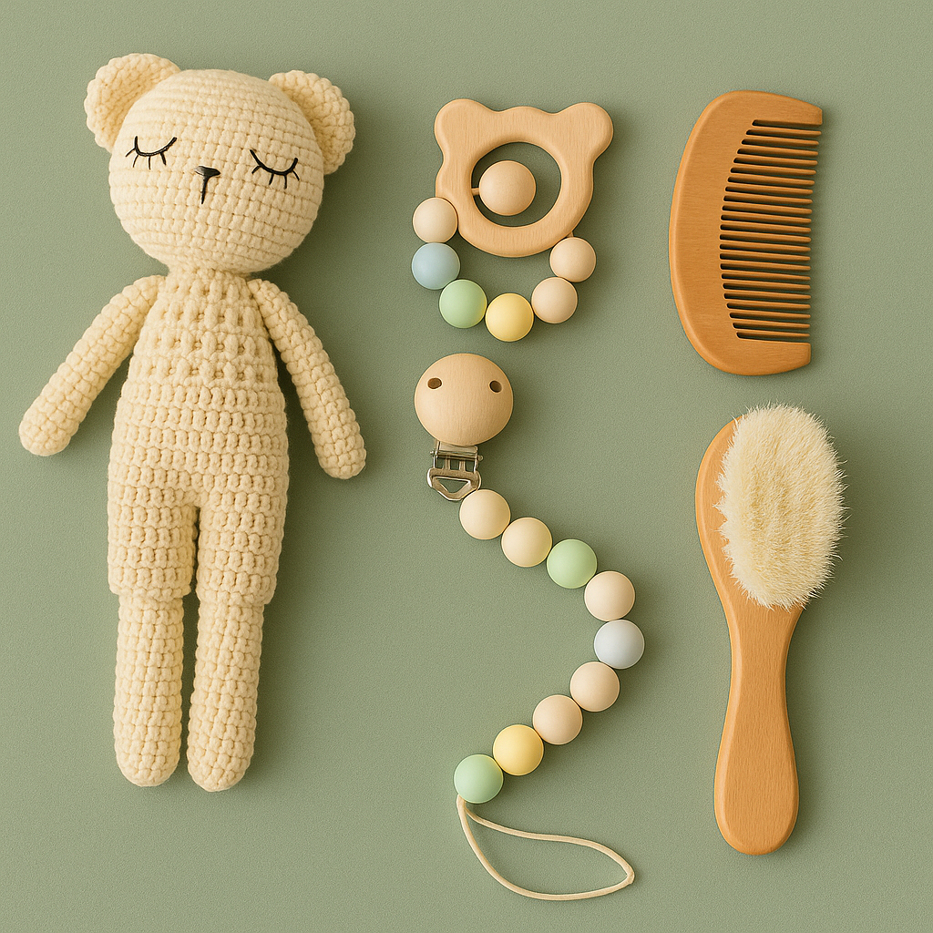 Organik Bebek Hediye Seti (Amigurumi Oyuncak, Emzik Askısı, Diş Kaşıyıcı, Tarak -Fırça Seti )