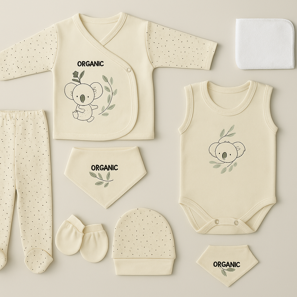 %100 Organik Pamuk 8'li Yenidoğan Bebek Hastane Çıkışı Seti – Koala Nakışlı