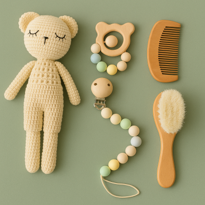 Organik Bebek Hediye Seti (Amigurumi Oyuncak, Emzik Askısı, Diş Kaşıyıcı, Tarak -Fırça Seti )