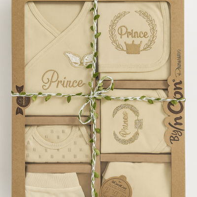 %100 Organik Pamuk 8’li Yenidoğan Erkek Bebek Hastane Çıkışı Seti – Prince Nakışlı